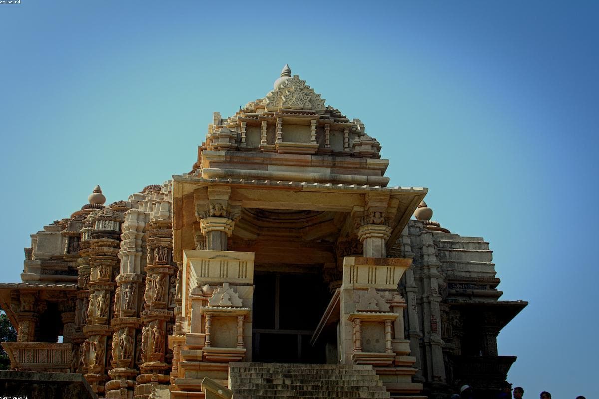 Carved stone temples of Khajuraho at sunset